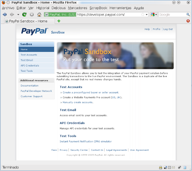 Entrando en el entorno de pruebas de Paypal