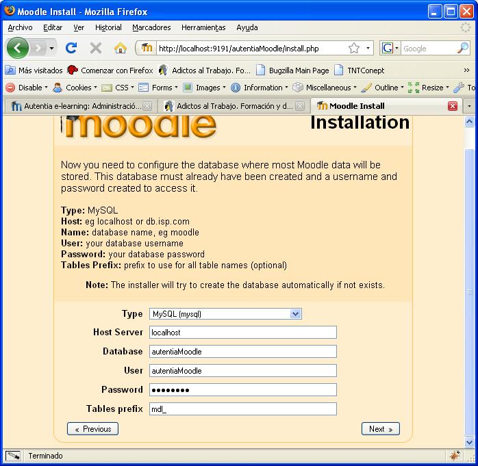 Configuración de base de datos en Moodle